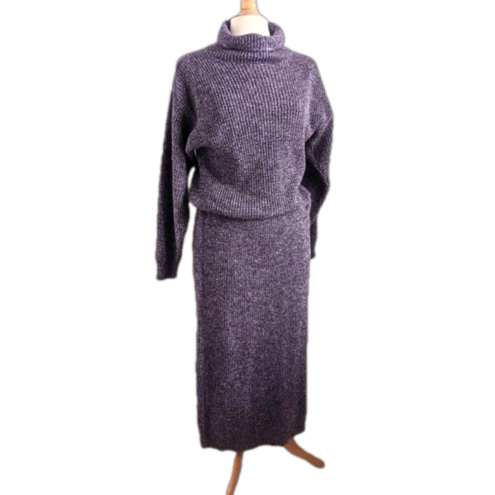 VINTAGE Cowl Neck Heathered Purple Sweater Dress L